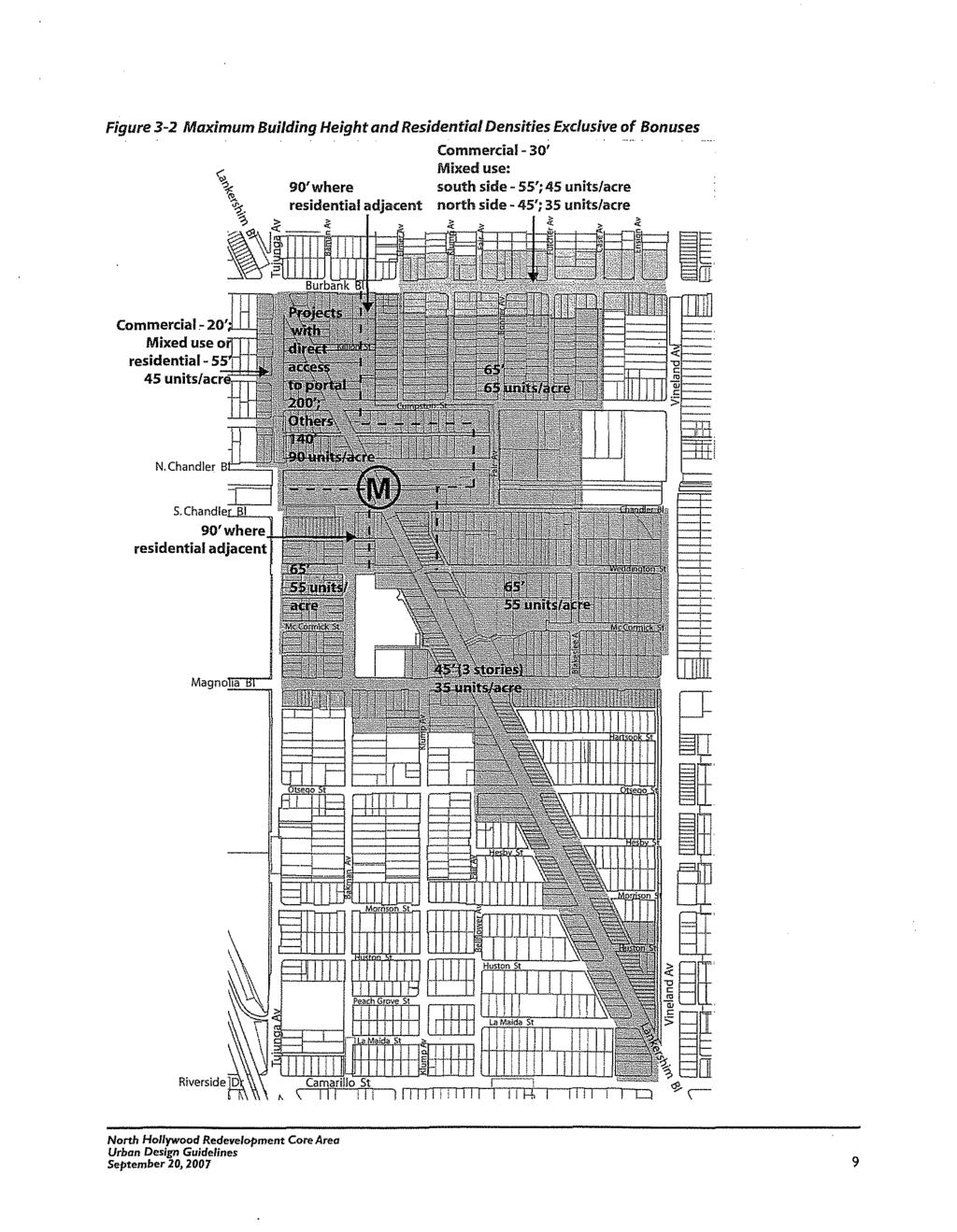 Figure 3-2 Maximum Building Height and Residential Densities Exclusive of Bonuses Commercial- 30' Mixed use: 90'where south side - 55'; 45 units/acre north side - 45'; 35 units/acre