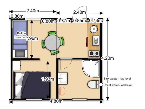This family sized super-pod with bathroom option is the smallest of our new 4m wide pods for the Glamping market.