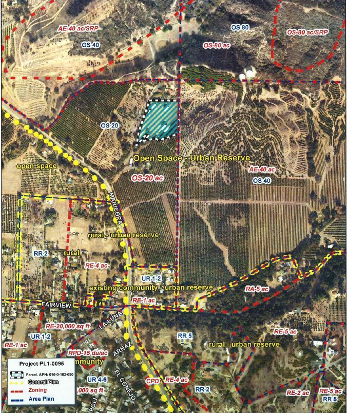 Land Use and Zoning Designations PROJECT SITE Zoning: Open Space, 20 acres minimum lot size Ojai Valley Area Plan: Open Space, 20 acres General Plan: Open Space-Urban Reserve SURROUNDING DEVELOPMENT