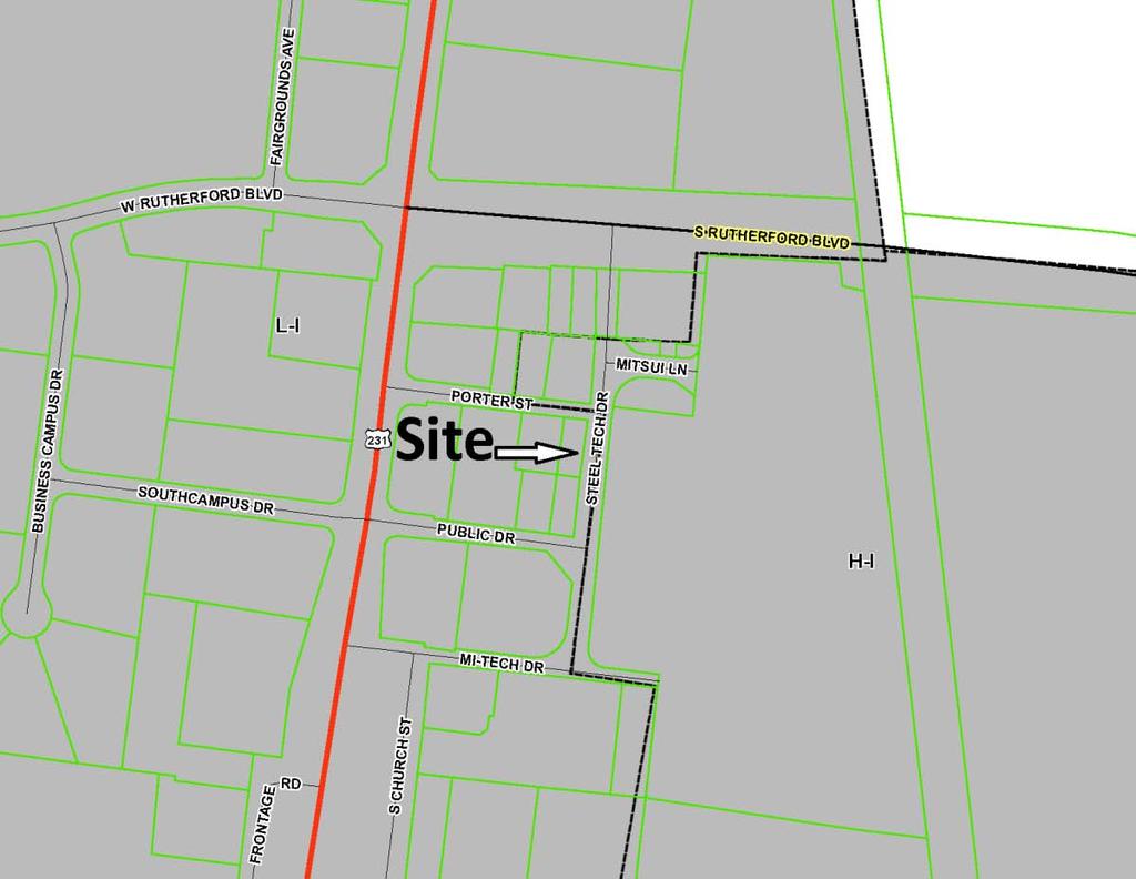 The subject property is located at the southwest corner of Porter Street and Steel Tech Drive, which is east of South Church Street and south of South Rutherford Boulevard.