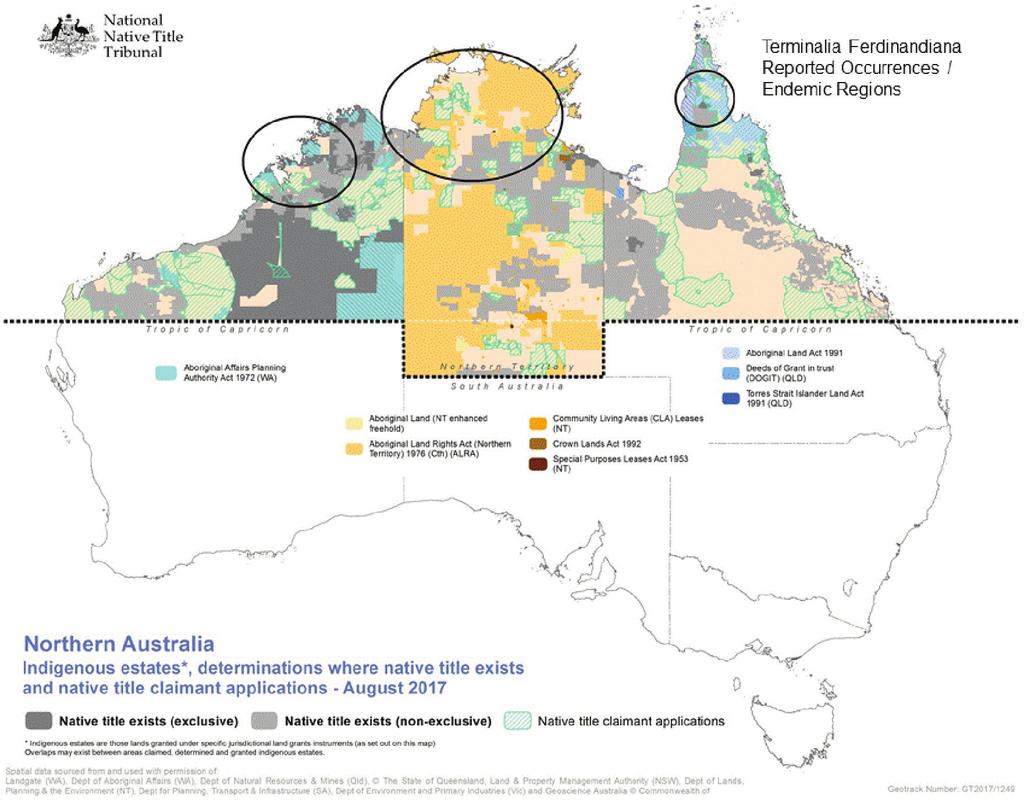 Implications of Indigenous Land Tenure Changes for Accessing Indigenous Genetic Resources FIGURE 1. Map of the indigenous land tenure and reported occurrences of Terminalia ferdinandiana.