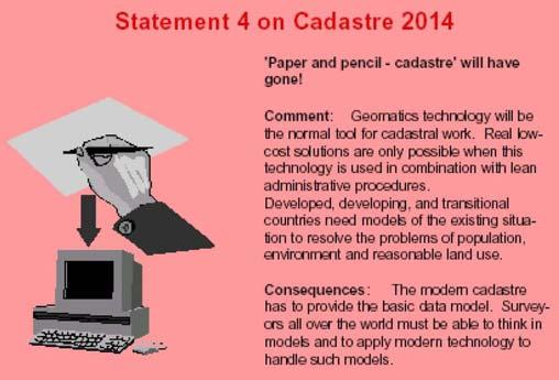 3.4 Statement 4 Paper and pencil cadastre will have gone - In CADASTRE 2014 all object and subject data will be stored electronically.