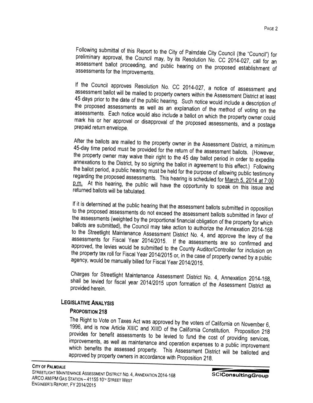 PAGE 2 Following submittal of this Report to the City of Palmdale City Council (the "Council") for preliminary approval, the Council may, by its Resolution No.