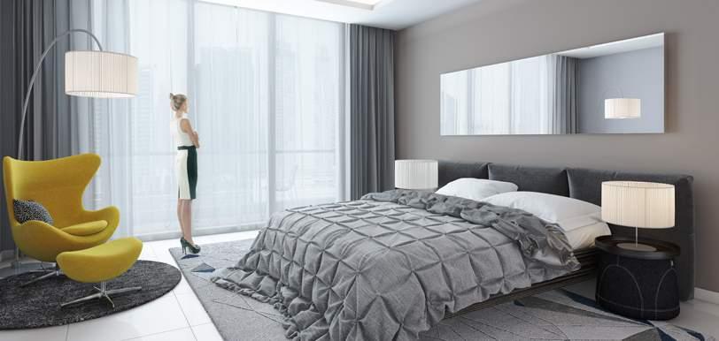 Bedroom Minimalist in style, each serene bedroom has oversized windows