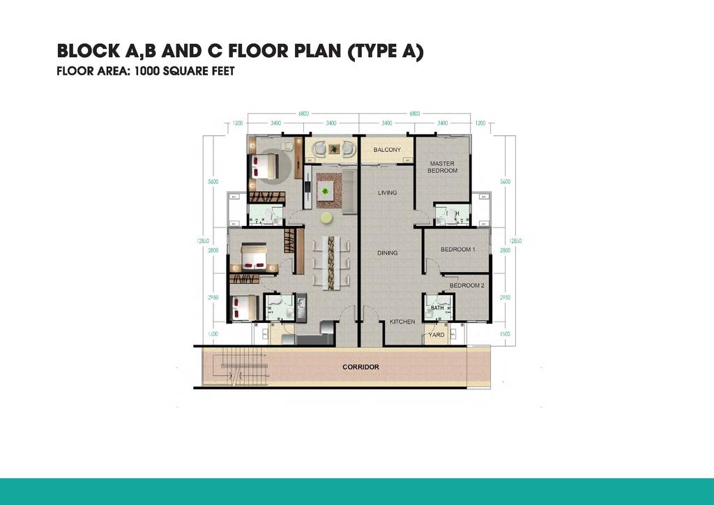 BLOCK A,B AND C FLOOR PLAN (TYPE A) FLOOR AREA: 1000 SQUARE FEET 1 1200 I 6800 6800 3400 3400 3400 3400 i 1200 T BALCONY --..----- ----.