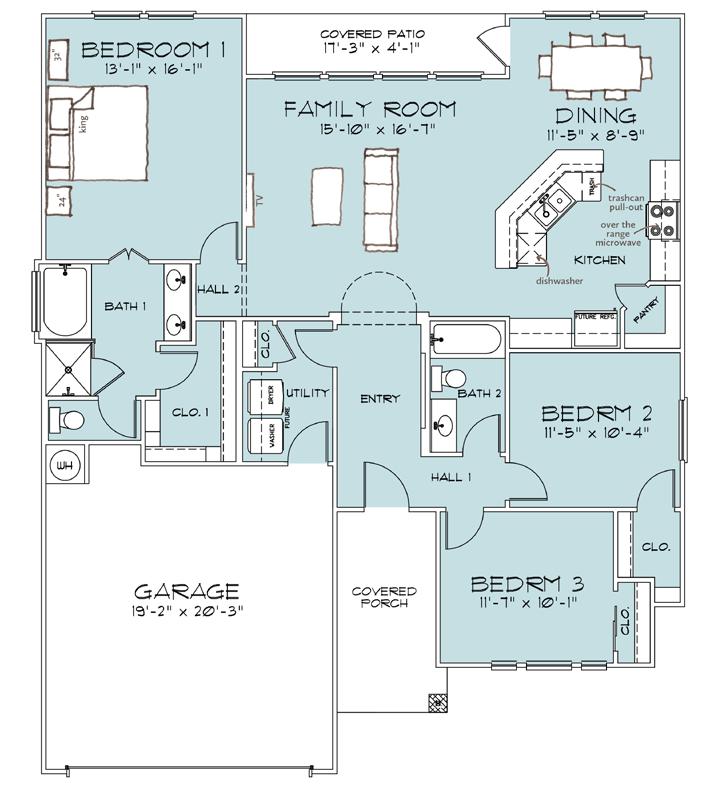 A floor plan is a bird's-eye view of the home and shows the main features of the home, such as kitchen & bathroom configurations.