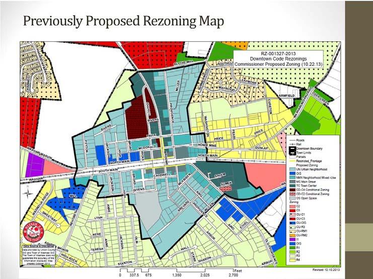 There are various land uses and zoning districts within the rezoning boundary.