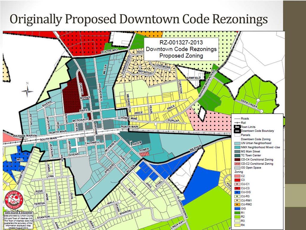 The proposed re-zonings are from the Downtown Code and include UN Urban Neighborhood, NMX Neighborhood Mixed Use, MS Main Street, TC Town Center, and OS-Open Space.