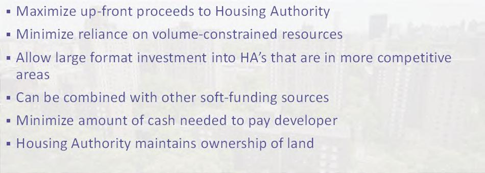 Benefits Maximize up-front proceeds to Housing Authority Minimize reliance on volume-constrained resources Allow large format investment