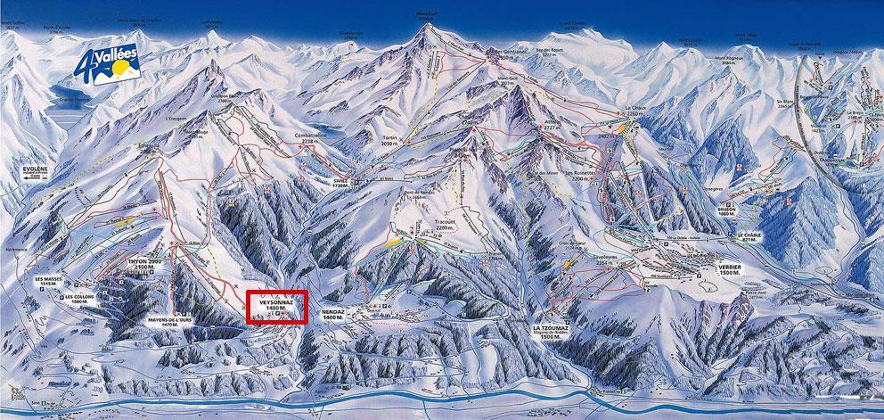 Veysonnaz is part of the largest ski area in Switzerland the Verbier Four Valleys ski area with 410km of pistes Veysonnaz Essential Facts Attractive village, part of the Verbier ski system of 410km