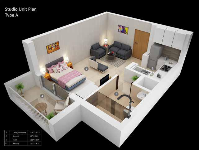 UNIT PLANS STUDIO The studio apartment is designed to have a well structured plan that encompasses all your needs in a compact space.