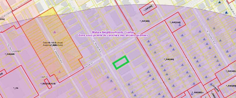 The immediate neighbourhood is all zoned R4S. The property is located outside of a Heritage Area. Map showing heritage overlay & 800 m radius from the Queensway.