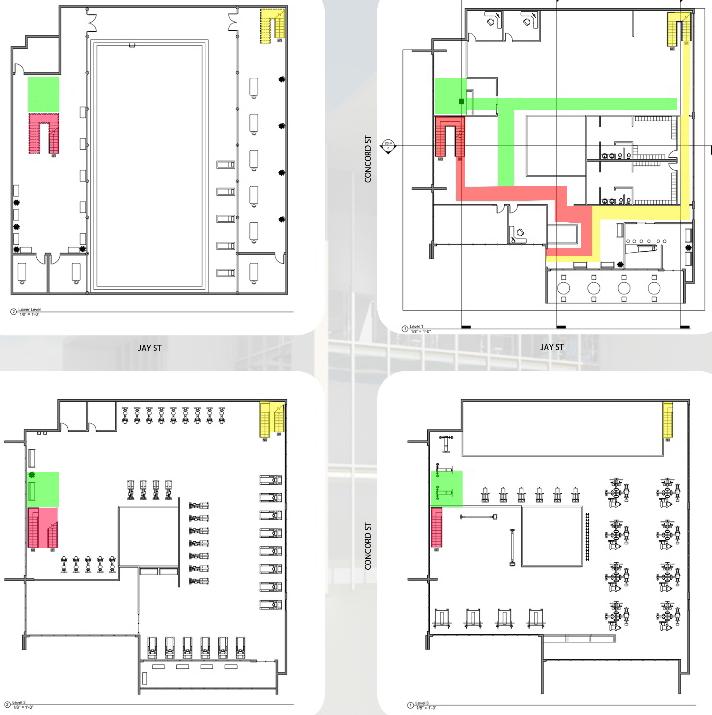 CB, DD, KC, JPDG Building Analysis: Cory s Circulation Plan Egress stairs are located at opposite ends of gym, with freight elevator for equipment on Concord Street, making deliveries easily accepted