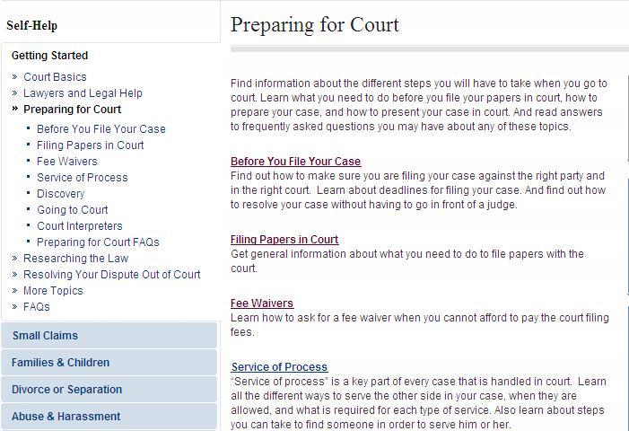 Outlines steps in court process Forms presented within informational context