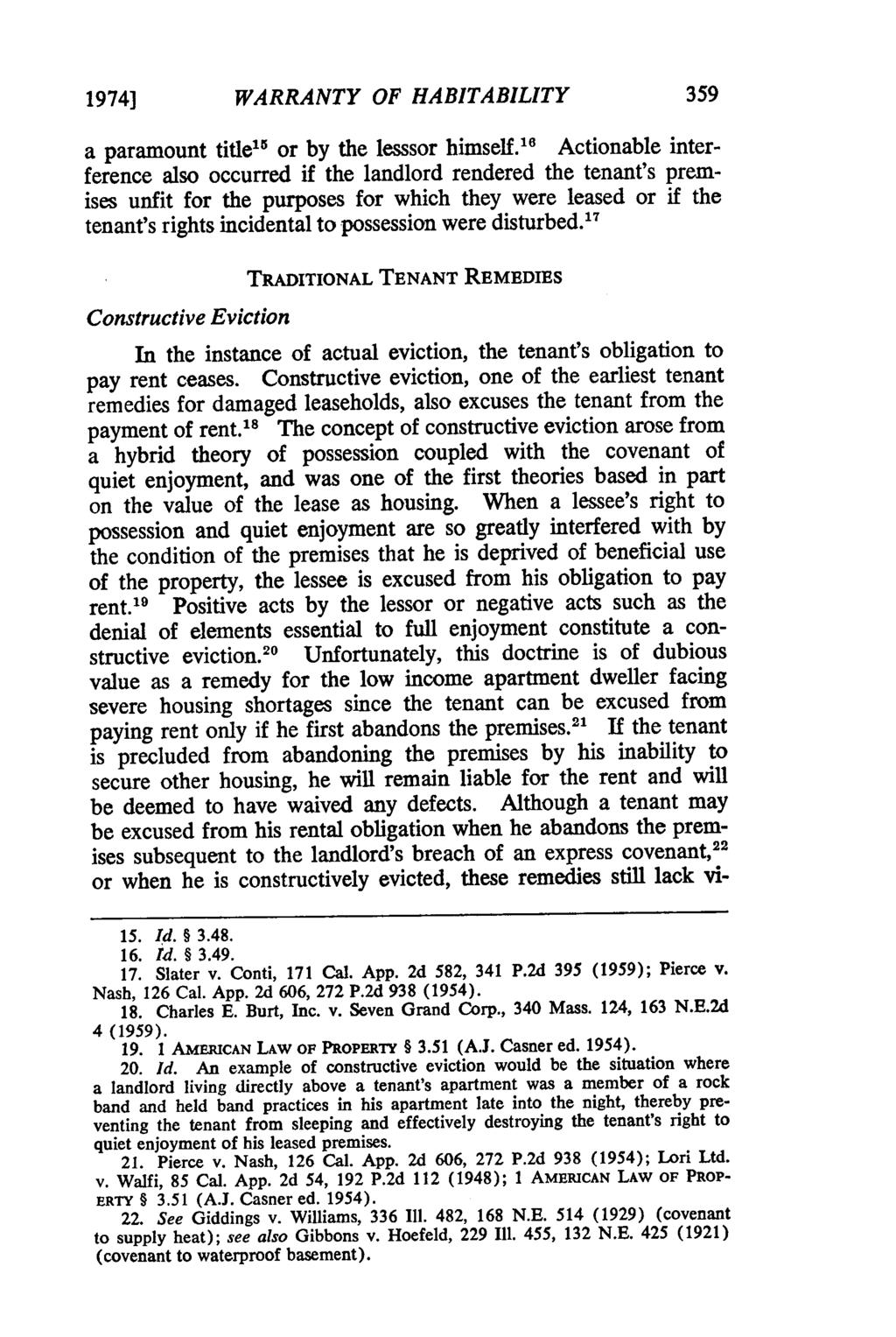 1974] WARRANTY OF HABITABILITY a paramount title 15 or by the lesssor himself.