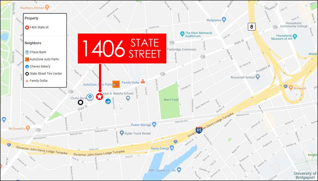 For Sale or Lease Location Map 1406 State Street Bridgeport, 06605 Conveniently located 0.4 miles from I-95 Exit 25, 1.7 miles to Route 8 which connects to Route 25 and the Merritt Parkway 1.