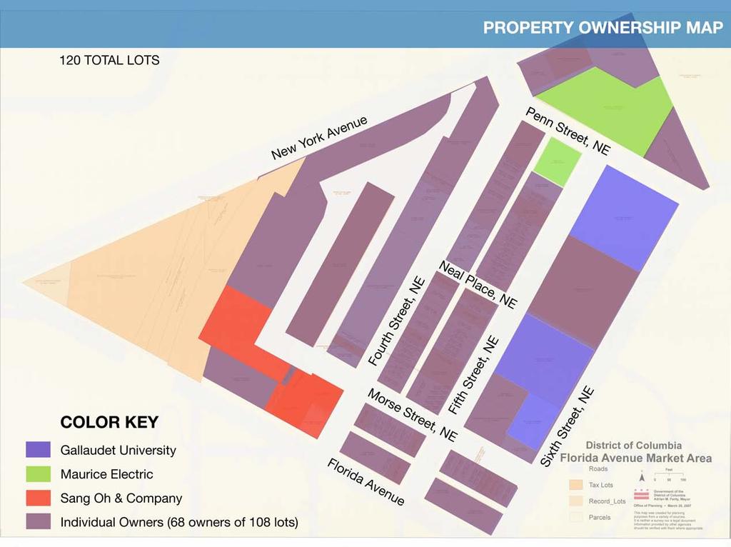 The area of study includes 120 ownership lots as documented by DC land-use records, which are owned by approximately 68 different owners.