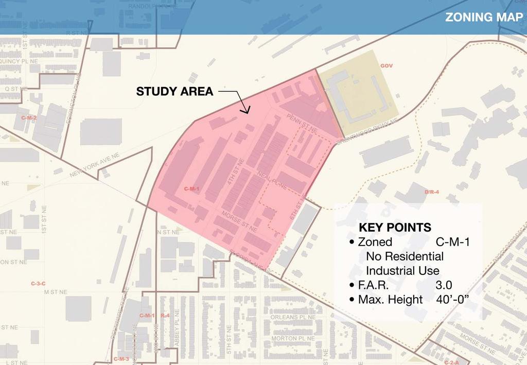 The site is currently zoned as C-M-1, which is low density commercial and light manufacturing, or Industrial Use. No residential use is currently permitted on the industrially-zoned site.