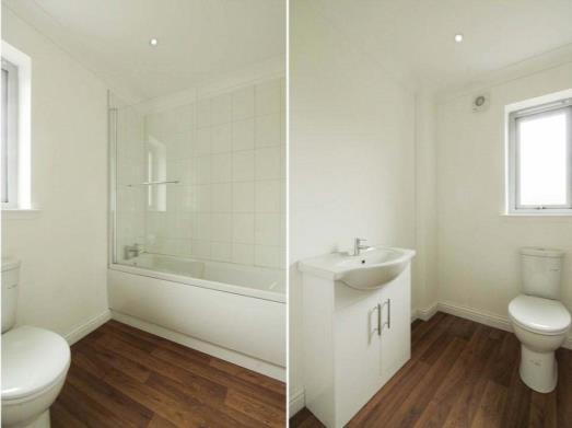 panelling and electric shower, WC & wash basin, chrome heated towel rail, ceiling