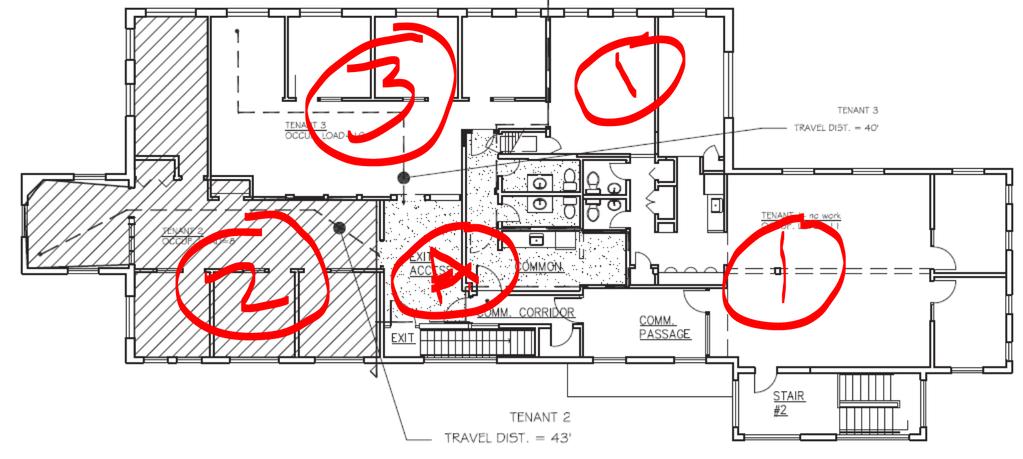 Addendum 1: Floorplan of Upstairs (All Three Suites, 200, 250 and 280) 1) Suite 200, 2) suite 250, 3) suite 280 A) Common area of suites 250 and 280 (lobby, restrooms, kitchen) Suite Size Vacancy