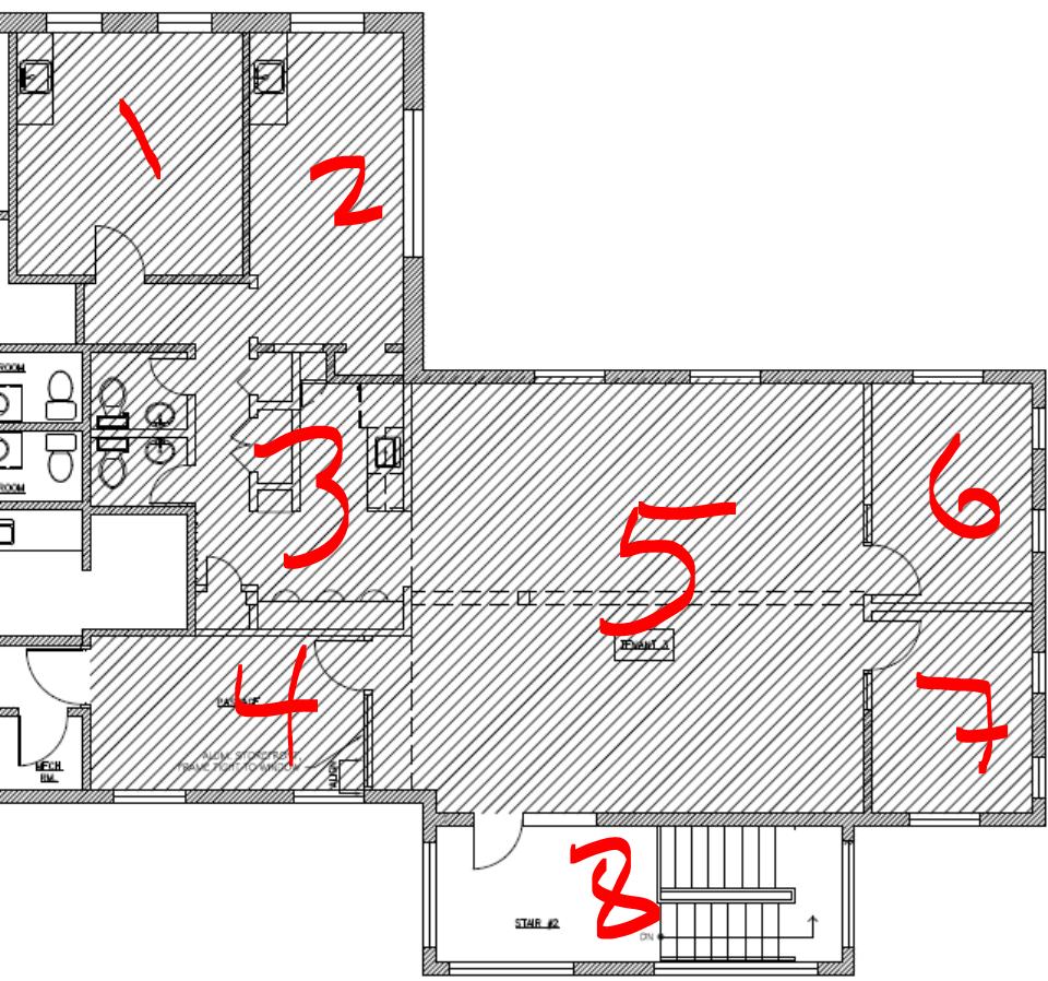 Addendum 2: Floorplan of 200 Suite 200 is the striped area: 1) conference room, that leads to suite 280, 2) break room or private office, 3) kitchen and two restrooms, 4) private office and hallway