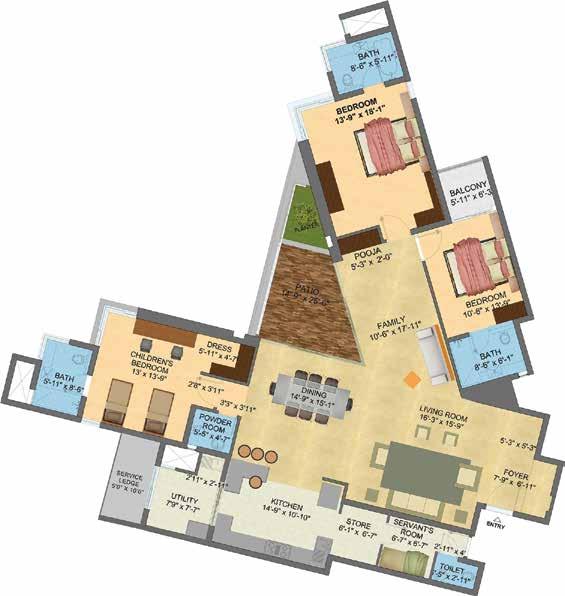 3 Bedrooms + 3 Toilets, Unit - Type 2 (Small Patio) 3 Bedrooms + 3 Toilets, Unit - Type 2 (Large Patio)