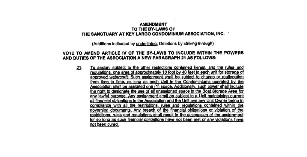 AMENDMENT TO THE BY LAWS BY LAWS OF THE SANCTUARY AT KEY LARGO CONDOMINIUM ASSOCIATION. ASSOCIATION, INC.