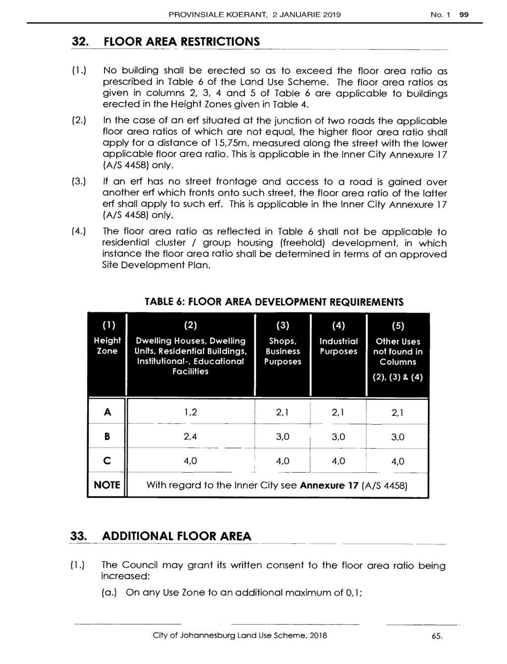 PROVNSALE KOERANT, 2 JANUARE 2019 No.1 99 32. FLOOR AREA RESTRCTONS (1.) No building shall be erected so as to exceed the floor area ratio as prescribed in Table 6 of the Land Use Scheme.