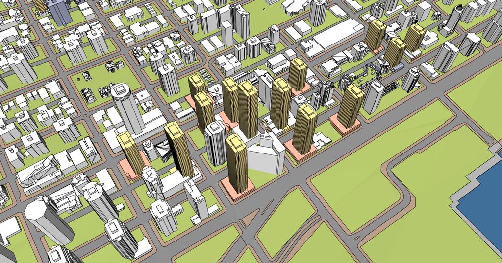 3D RENDERINGS Yellow buildings conceptually illustrate a build-out scenario based on 2013 development assumptions