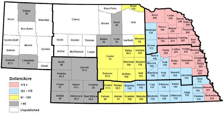 Center Pivot Irrigated Cropland Rental Rate Ranges 2017 Season (Nebraska Farm Real Estate Survey) Northwest H: $200/ac A: $155/ac L: $125/ac By Region High (H) Average (A) Low (L) Southwest H: