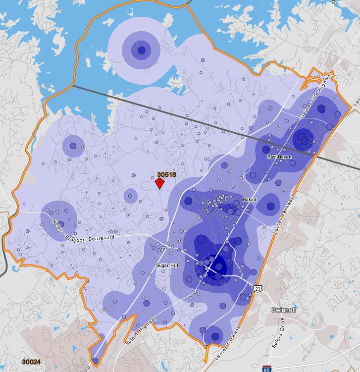 EMPLOYMENT PROFILE ZIP 30518 Within the 30518 ZIP code, the largest cluster of jobs is at the corner of Buford Highway and GA Hwy 20 and along the Buford Highway corridor.