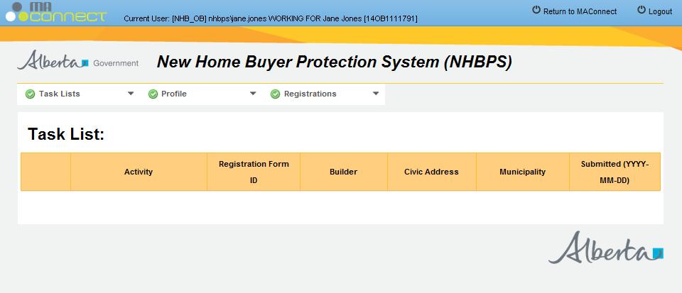 5. You will be redirected to the Task List landing page of the Owner Builder Portal of the NHBPS. From this page, you will be prompted to complete your Owner Builder Profile.