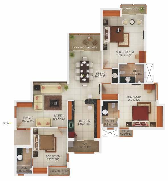 th th th Type D, 3 Bedroom, Area 2156 sq ft, 6, 8 & 10 floor