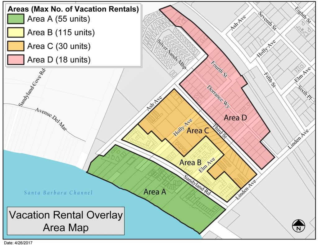IV. VACATION RENTALS A. Vacation Rental Overlay District The Vacation Rental Overlay District map depicted below was adopted as part of the STR Regulations. This map identifies the four areas (i.e., Area A, B, C, and D) that comprise the Vacation Rental Overlay District.