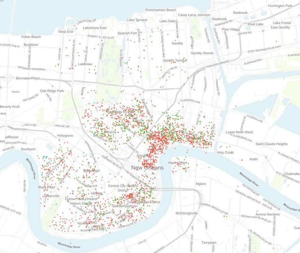 Figure 5: Location of Short Term Rentals (Source: Inside Airbnb) This study recognizes that New Orleans, like many cities throughout the United States, is facing a housing affordability crisis and