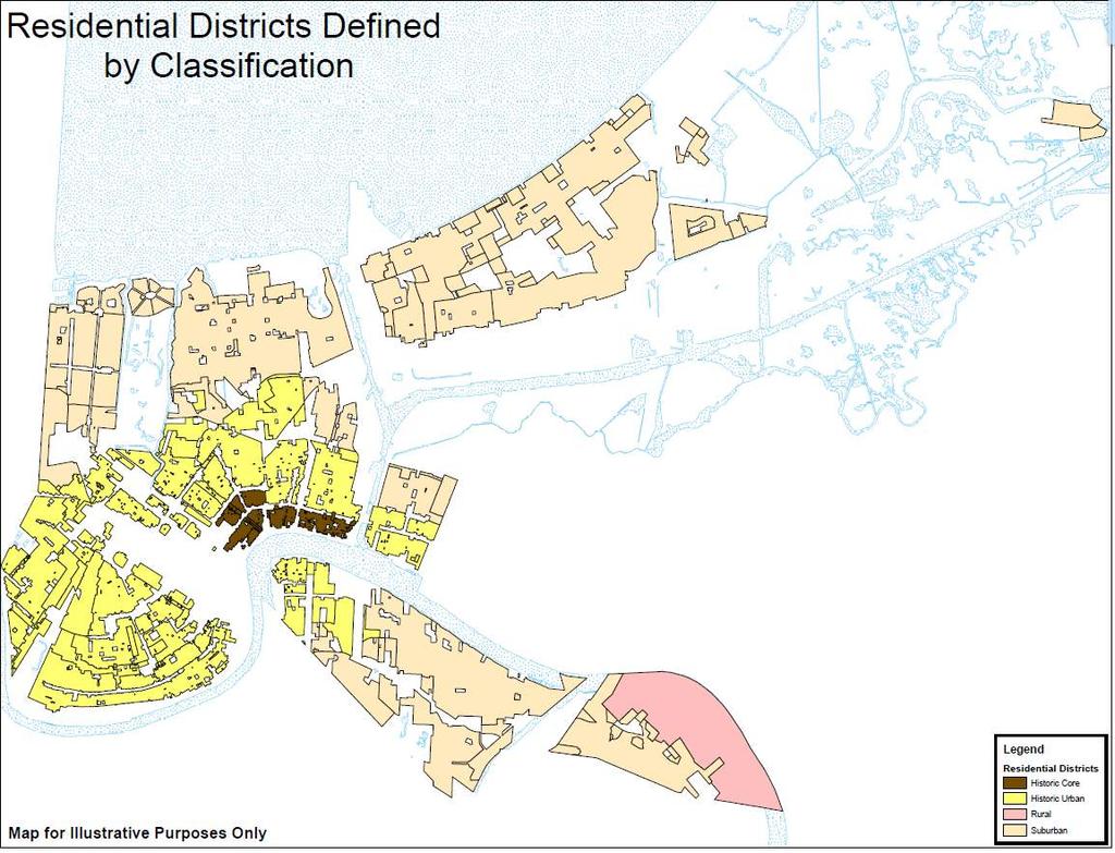 Figure 7: Residential Districts grouped by their place type: Historic Core, Historic Urban, Suburban, and Rural Since the short term rental use and this type of limitation on the location in a