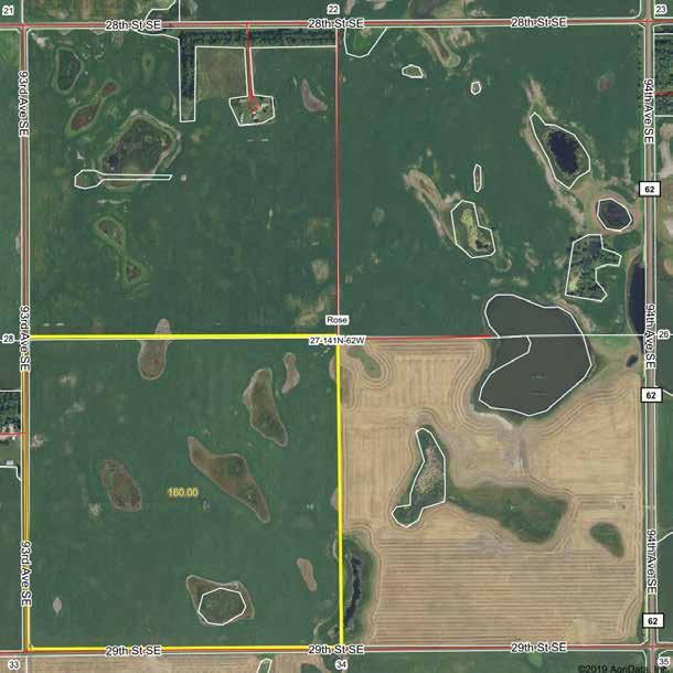 Parcel 2 (Rose Township) Acres: 160 +/- Legal: SW1/4 27-141-62 Crop Acres: 154.44 +/- Taxes (2018): $1,371.04 This parcel features excellent cropland a SPI of 73.4. Wheat 12.6 43 bu.