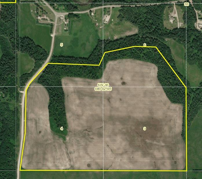 AIR PHOTO - SW-36 Crossing (culvert) Sale Lot # D LEGAL SW36-49-2-W5 Size (Approx) 100.81 acres Taxes (2018) $ 174.86 Municipality Leduc County D - SW36-49-2-W5-100.81 acres. Open rolling land Approximately 80 cultivated acres, no rocks Overlooks Telfordville and valley.
