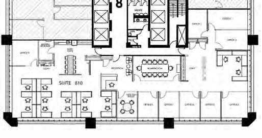 USABLE AREA RENT ABLE AREA 2,012 SF* ROJECT#: SUITE 810: ± 10' X 15' OFFICES= 5 ± 7' X 6' WORKSTATION= 2 RECETION = l TOTAL= 9 D USABLE AREA D VERTICAL ENETRATIONS D FLOOR COMMON AREA - DEMISING WALL
