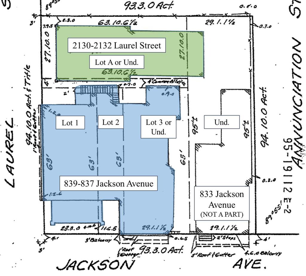 Figure 1: Survey of site with buildings highlighted and lots labeled The two-story building at 837-839 Jackson Avenue is built to the property line on Laurel Street and Jackson Avenue.