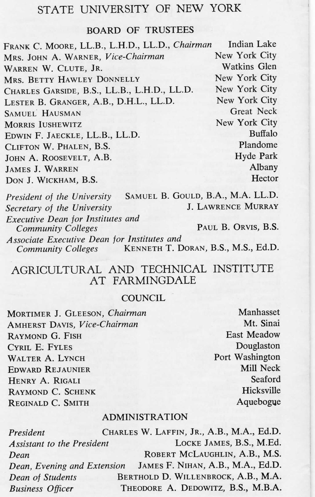 STATE UNIVERSITY OF NEW YORK BOARD OF TRUSTEES FRANK C. MOORE, LL.B., L.H.D., LL.D., Chairman Indian Lake MRS. JOHN A. WARNER, Vice-Chairman New York City WARREN W. CLUTE, JR. Watkins Glen MRS.