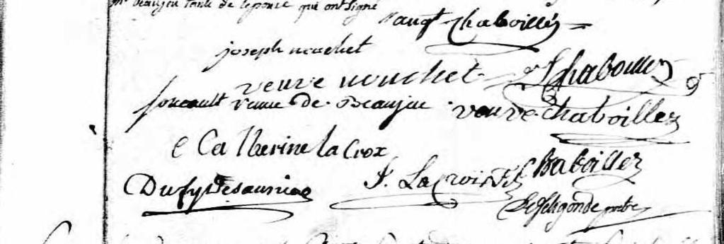 Signatures at the marriage of Augustin Chaboillé and Josèphe Nouchet 3. Louis Joseph Chaboillé was born 23 October 1741 and baptized the following day in Michilimackinac.