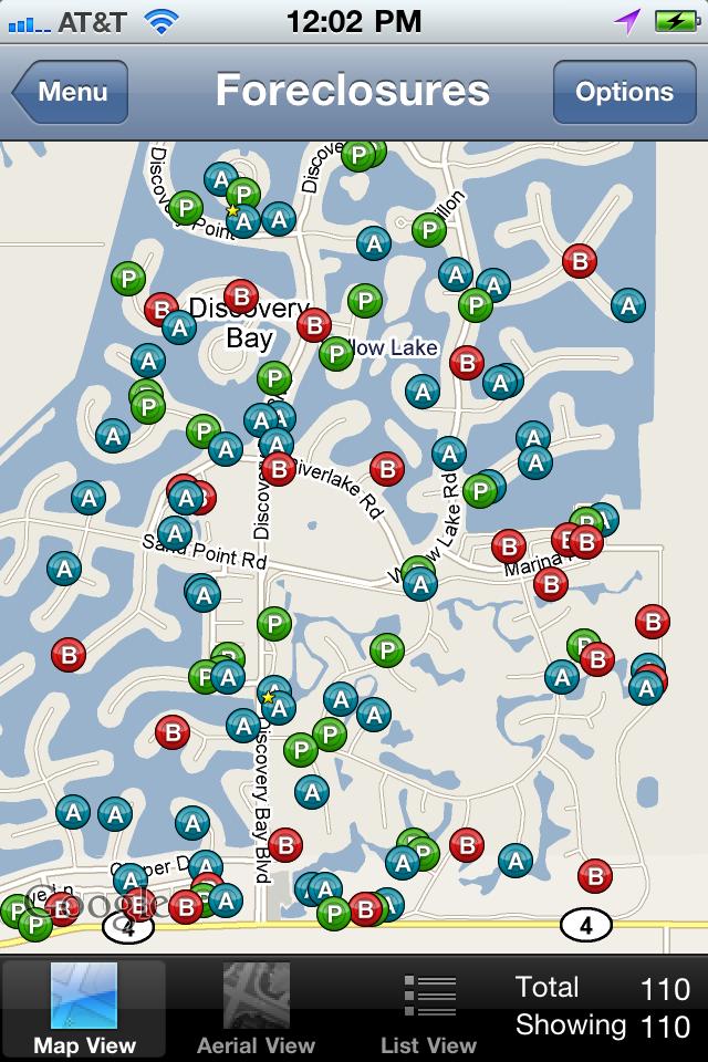 Each is displayed with a color pin, just like in ForeclosureRadar s web-based app (see Figure 2).