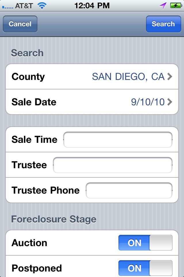 Start with the location to search either a city or zip code. Next you may want to filter the results by Foreclosure Stage.