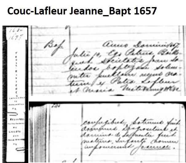 Descendants of Pierre Couc-Lafleur & Marie Miteouamegoukoue. 1. Jeanne Couc-Lafleur (Métis) was born on 14 Jul 1657.