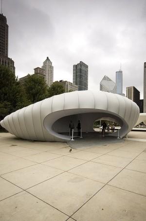 Burnham Pavilion Zaha Hadid E Randolph St 201 Chicago Illinois 60601 Zaha Hadid s pavilion, which can be dismantled and reinstalled elsewhere, is a tent-like structure made of light weight aluminum