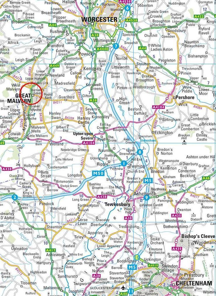 Worcester eight miles, M50 Junction 1 10, Hereford 20, Cheltenham 24, Birmingham 34, Cardiff 66 and London 127.