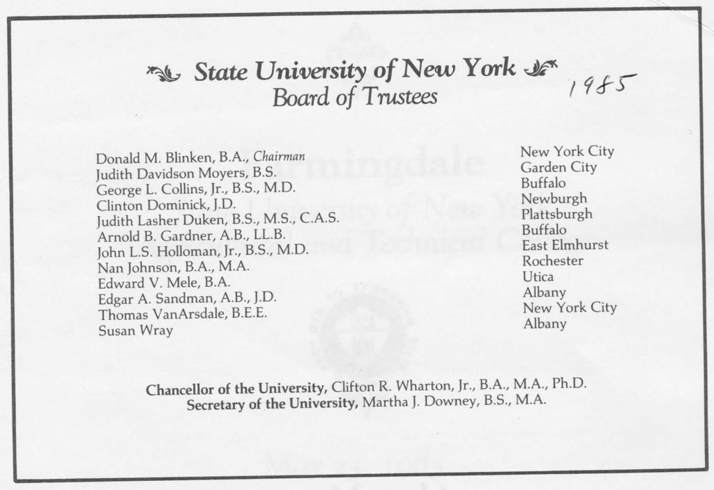 State University of New York Board of Trustees Donald M. Blinken, B.A., Chairman Judith Davidson Movers, B.S. George L. Collins, Jr., B.S., M.D. Clinton Dominick, J.D. Judith Lasher Duken, B.S., M.S., C.A.S. Arnold B.
