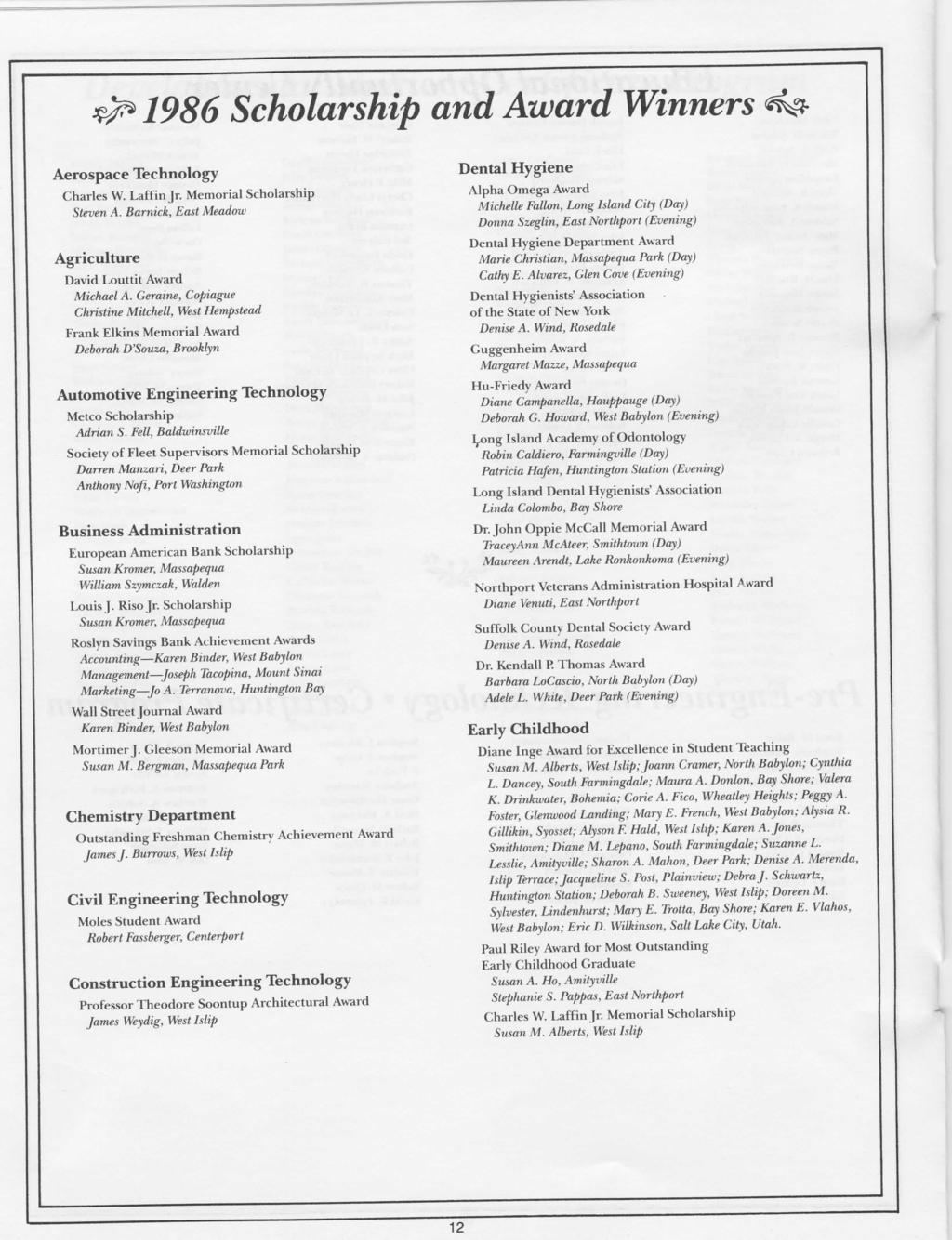 ^ 1986 Scholarship and Award Winners Aerospace Technology Charles W. Laff in Jr. Memorial Scholarship Steven A. Barnick, East Meadow Agriculture David Louttit Award Michael A.