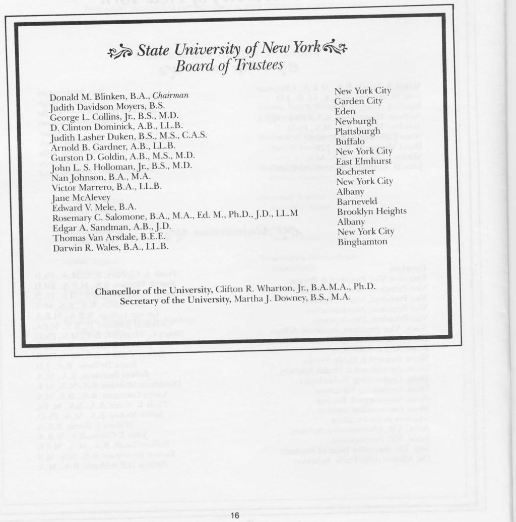 State University of New Board of Trustees Donald M. Blinken, B.A., Chairman Judith Davidson Moyers, B.S. George L. Collins, Jr., B.S., M.D. D. Clinton Dominick, A.B., LL.B. Judith Lasher Duken, B.S., M.S., C.A.S. Arnold B.